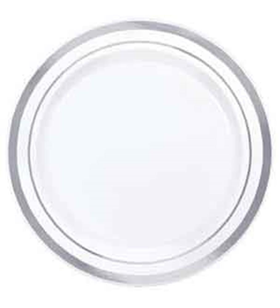 White round plastic plate with a 6.25-inch diameter and a shiny silver trim border.