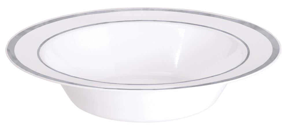 White round plastic bowl with a silver trim around the rim, 12-ounce capacity.