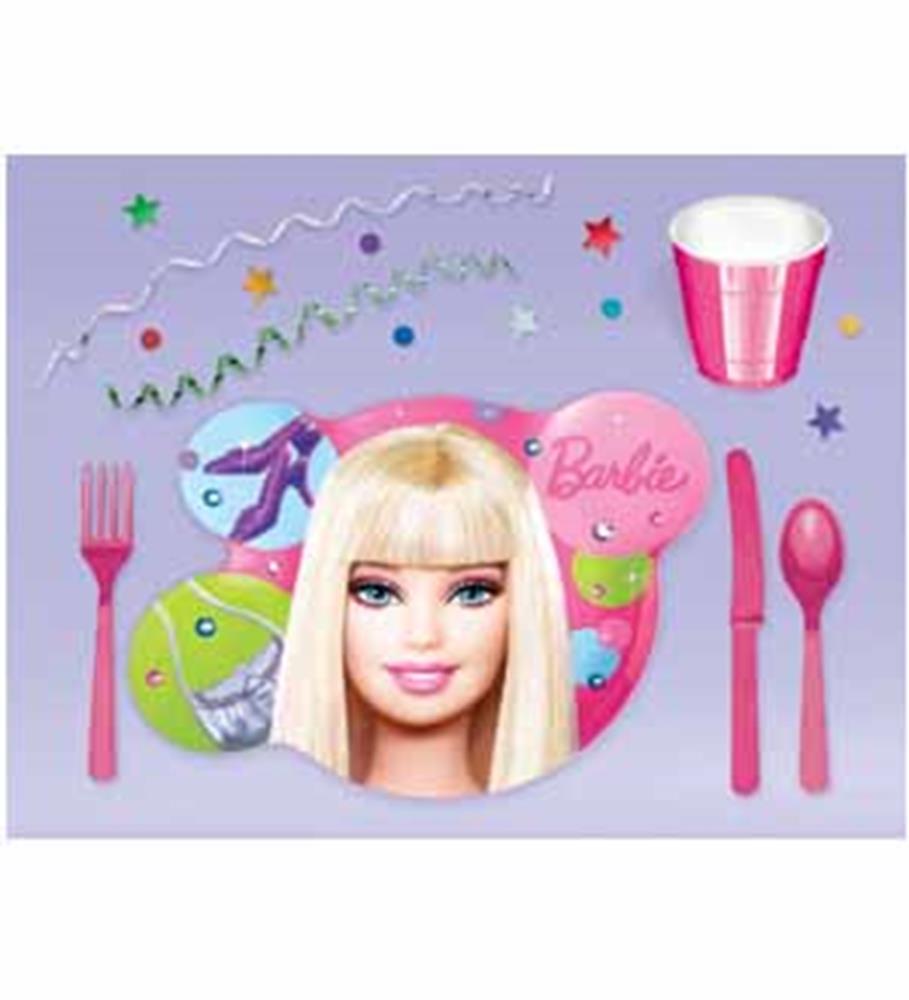 Pink plastic snack plate with Barbie face and colorful snack sections, pink fork, knife, spoon, and matching cup on lavender .