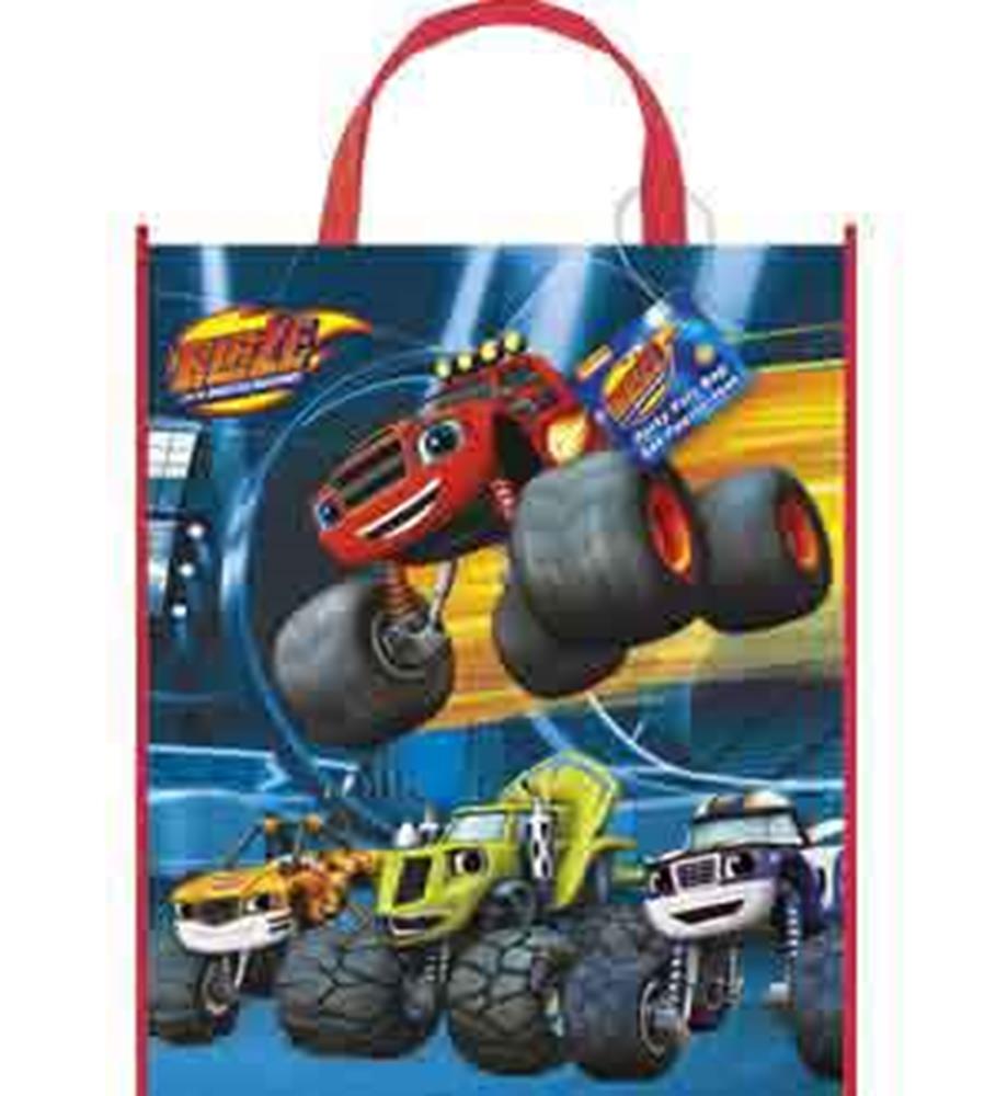 Blue tote bag with red handles featuring Blaze monster truck and friends in action design.