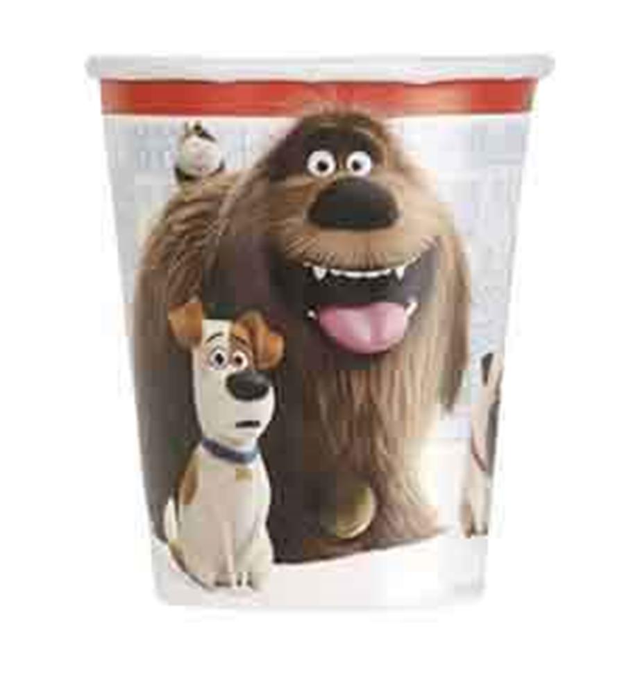 Plastic party cup featuring colorful characters Max and Duke from The Secret Lives of Pets on a white background with an.