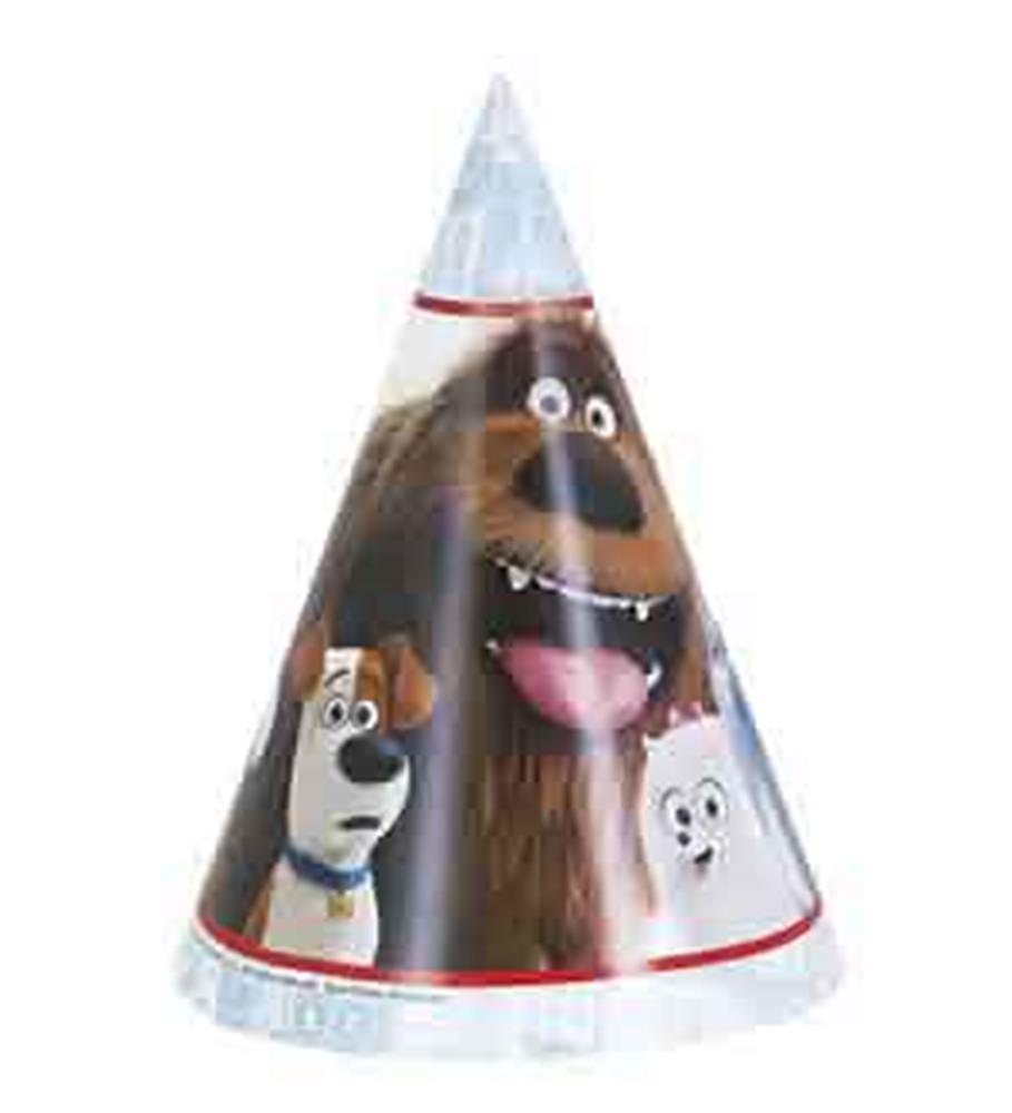 Cone-shaped party hat featuring colorful characters from The Secret Lives of Pets on a glossy white background.