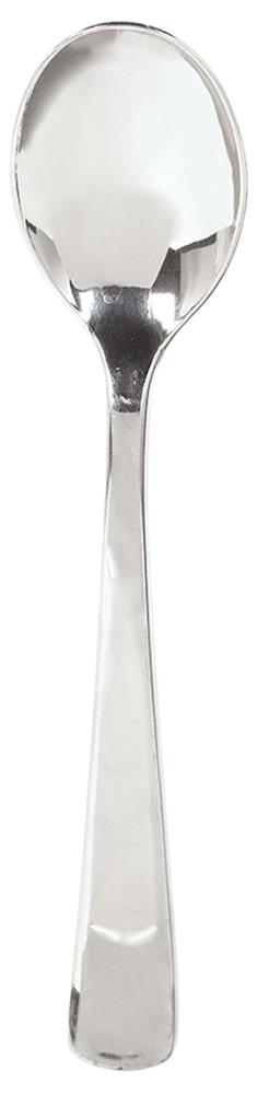 Silver stainless steel dinner spoon with a rounded bowl and squared handle end.