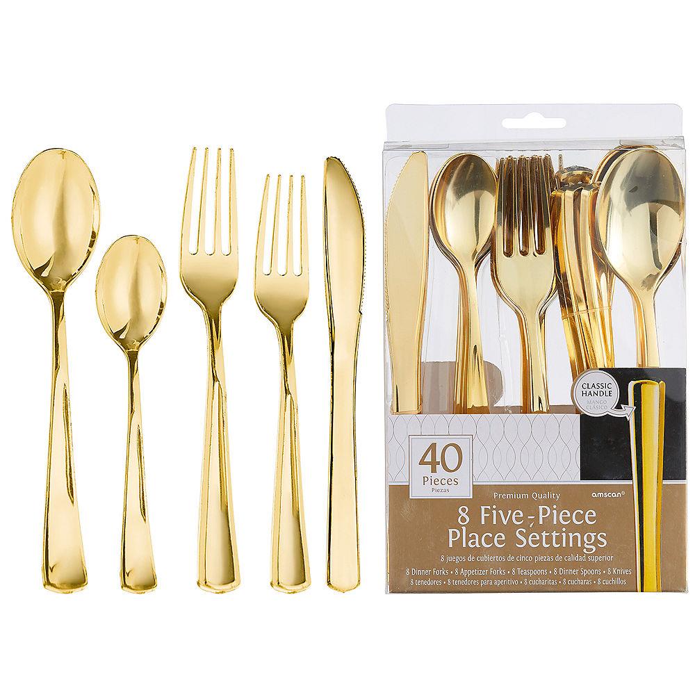 Gold-tone plastic flatware set with spoons, forks, and knives, 40 pieces in clear packaging.