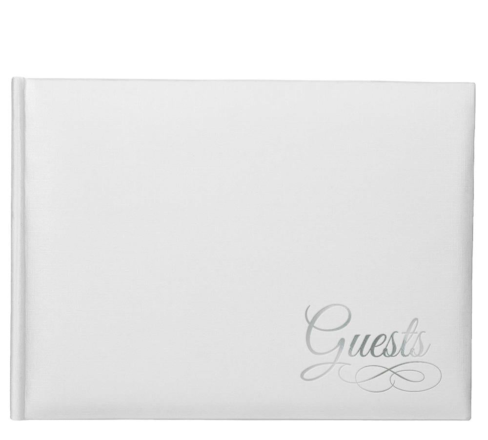 White paper guest book with silver cursive "Guests" text and decorative flourish on cover.