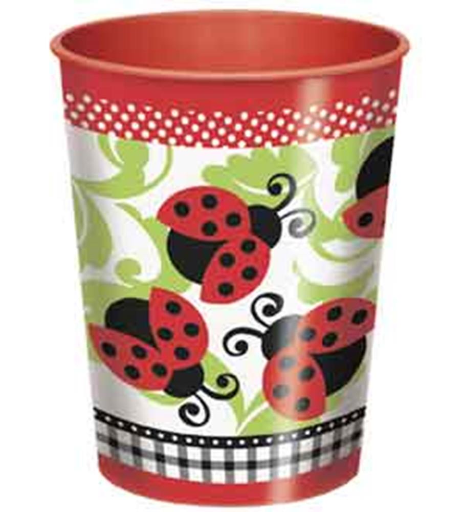 Red plastic cup with playful black and red ladybug design, green leaf accents, and dotted and checkered borders.