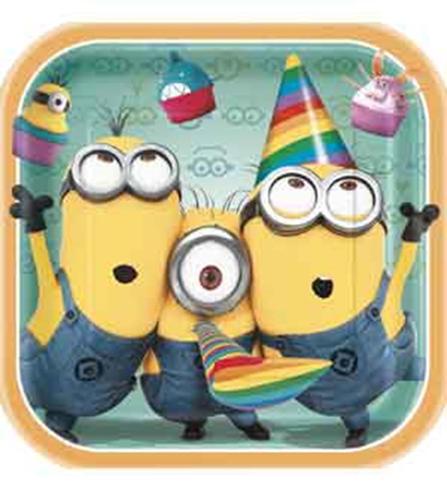 Square paper plate with rounded corners featuring three Minions wearing party hats and holding a rainbow-colored party horn.