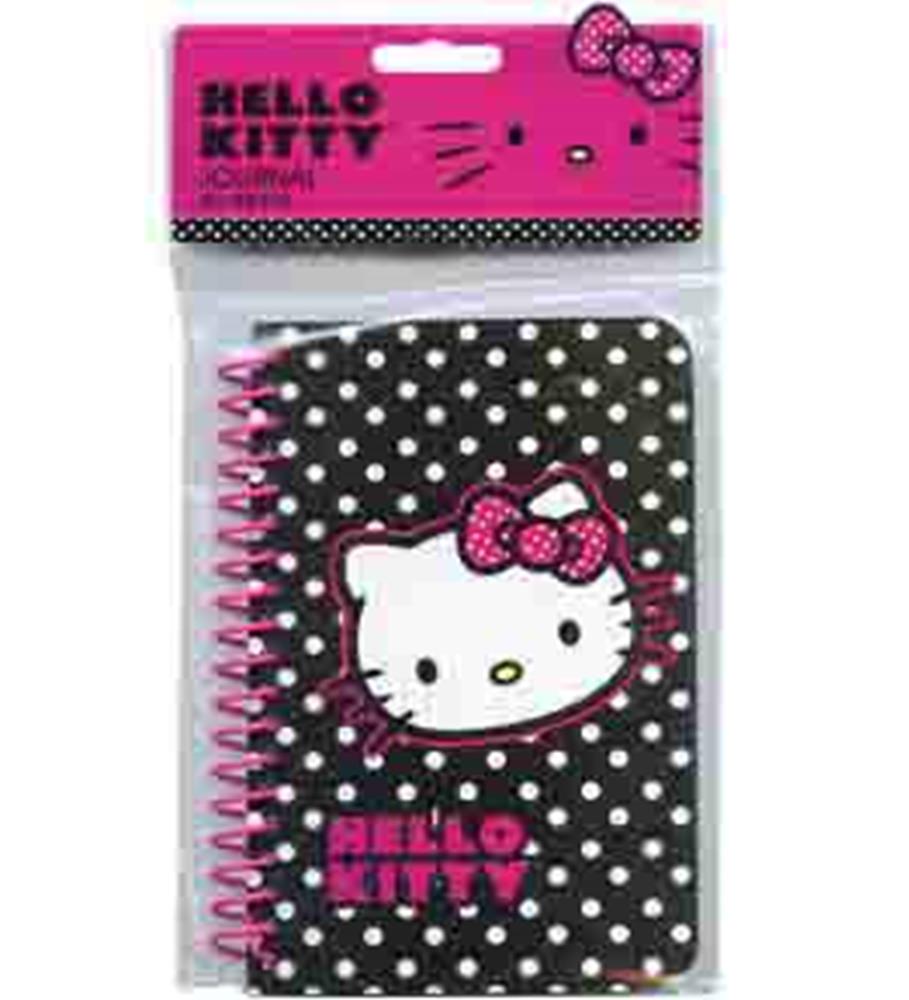 Black spiral notebook with white polka dots, Hello Kitty face and pink bow on cover, pink "Hello Kitty" text.