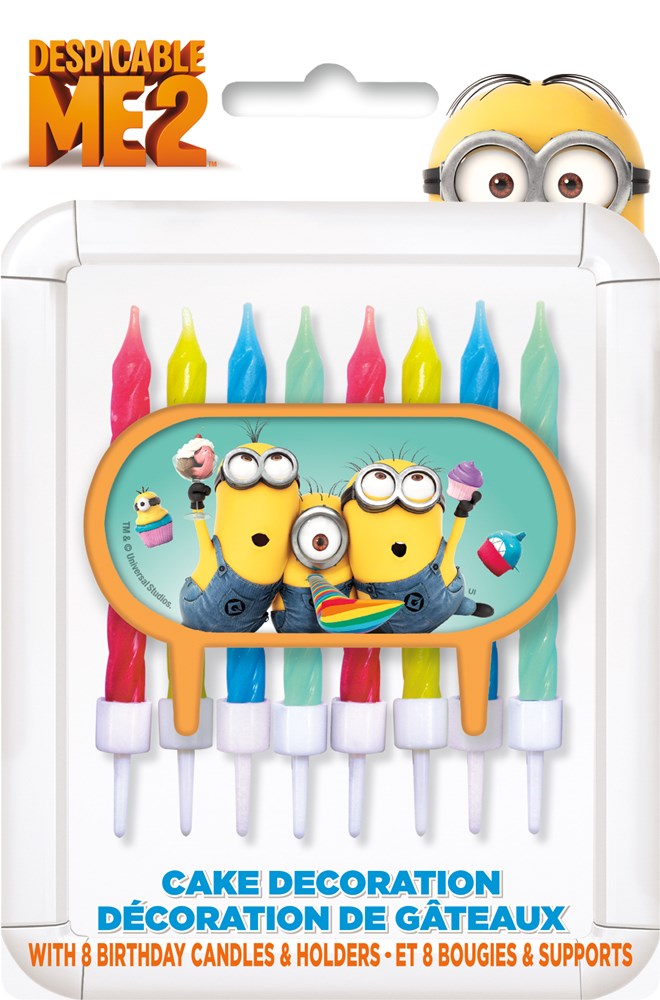 Despicable Me 2 birthday candles set with colorful flames and Minions cake toppers on white holders.