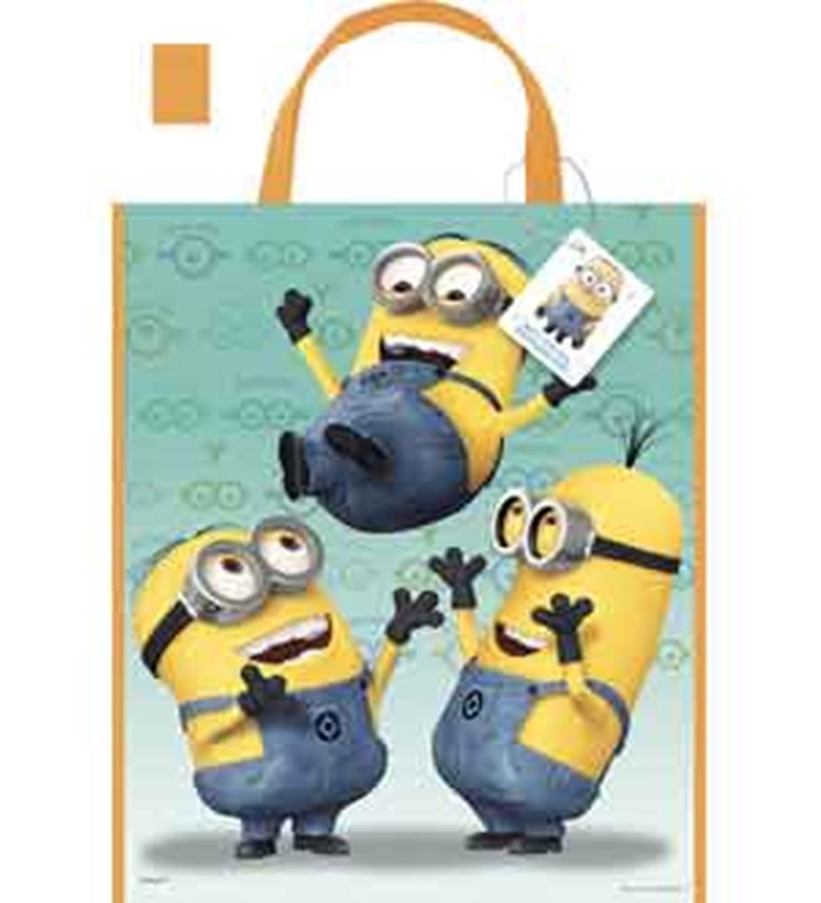 Blue and yellow Despicable Me tote bag with three playful Minions, 13x11 inches, orange handles.