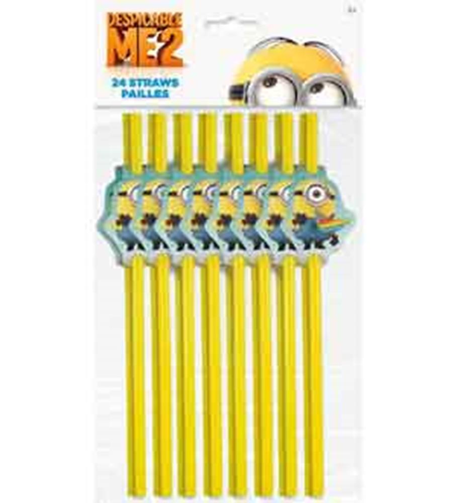 24 yellow plastic party straws with Despicable Me 2 Minion character decorations.
