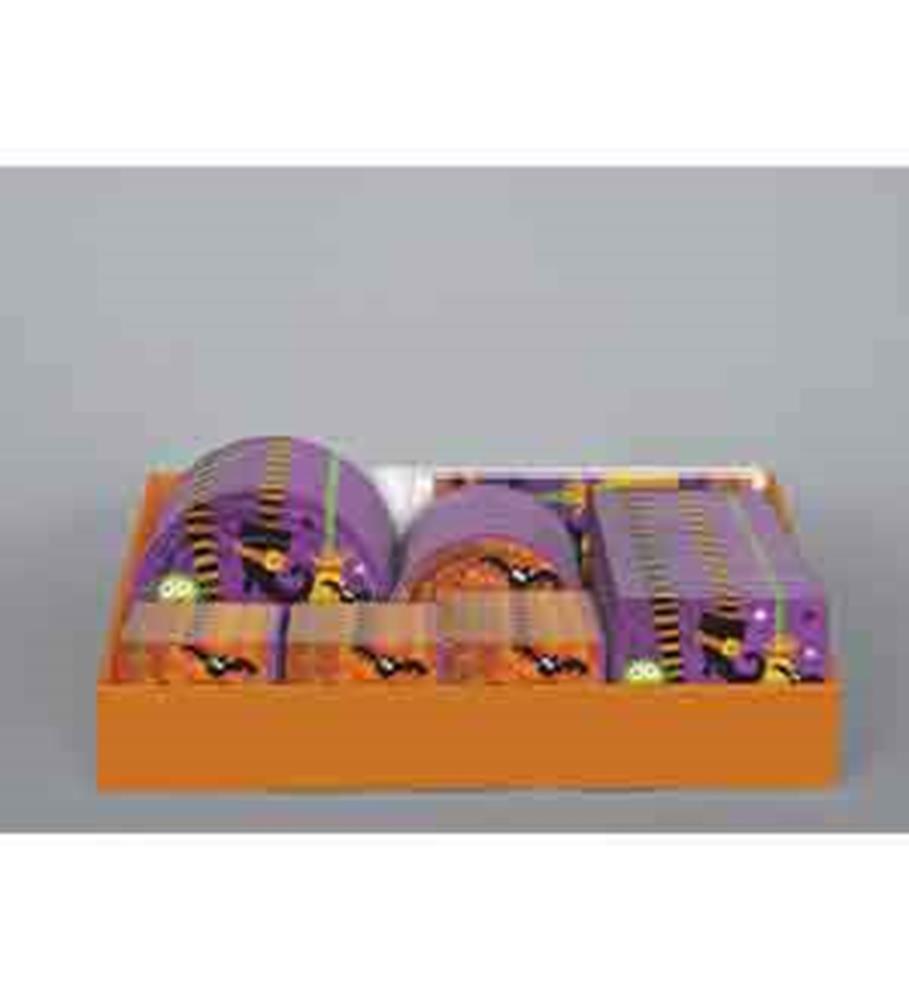 Assorted Jitterbugs stick candles in purple packaging with yellow accents displayed in an orange tray.