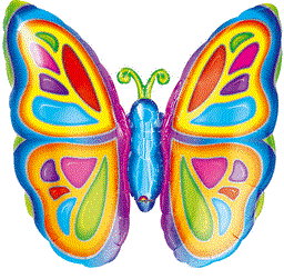 Colorful foil butterfly balloon with vibrant blue, yellow, red, green, and purple patterns and curly green antennae.