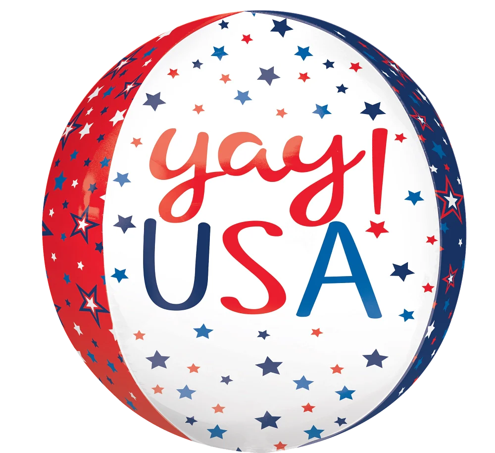 Round foil balloon with "yay! USA" in red and blue, decorated with red, white, and blue stars.