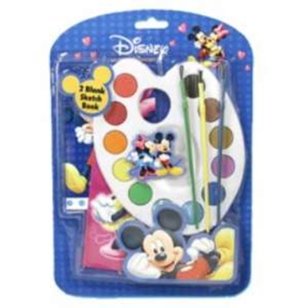 Mickey Mouse-themed paint set with 8 watercolor paints, 2 paintbrushes, and 2 small sketchbooks in blue packaging.