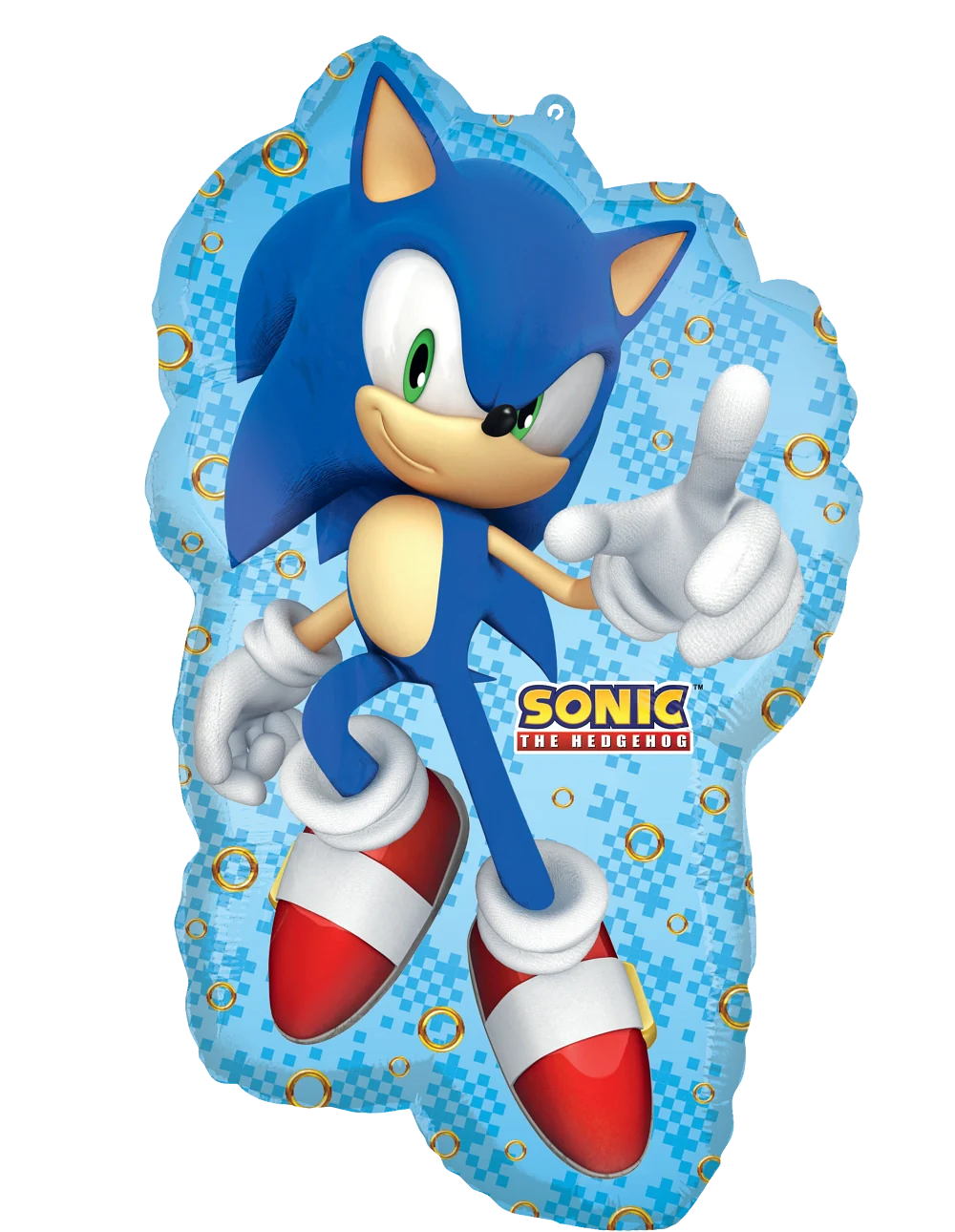 Blue foil balloon shaped like Sonic the Hedgehog with red shoes and white gloves, 30 inches tall.