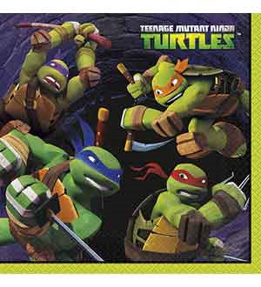 Pack of 16 large napkins with colorful Teenage Mutant Ninja Turtles in action on a dark blue background and bright green.