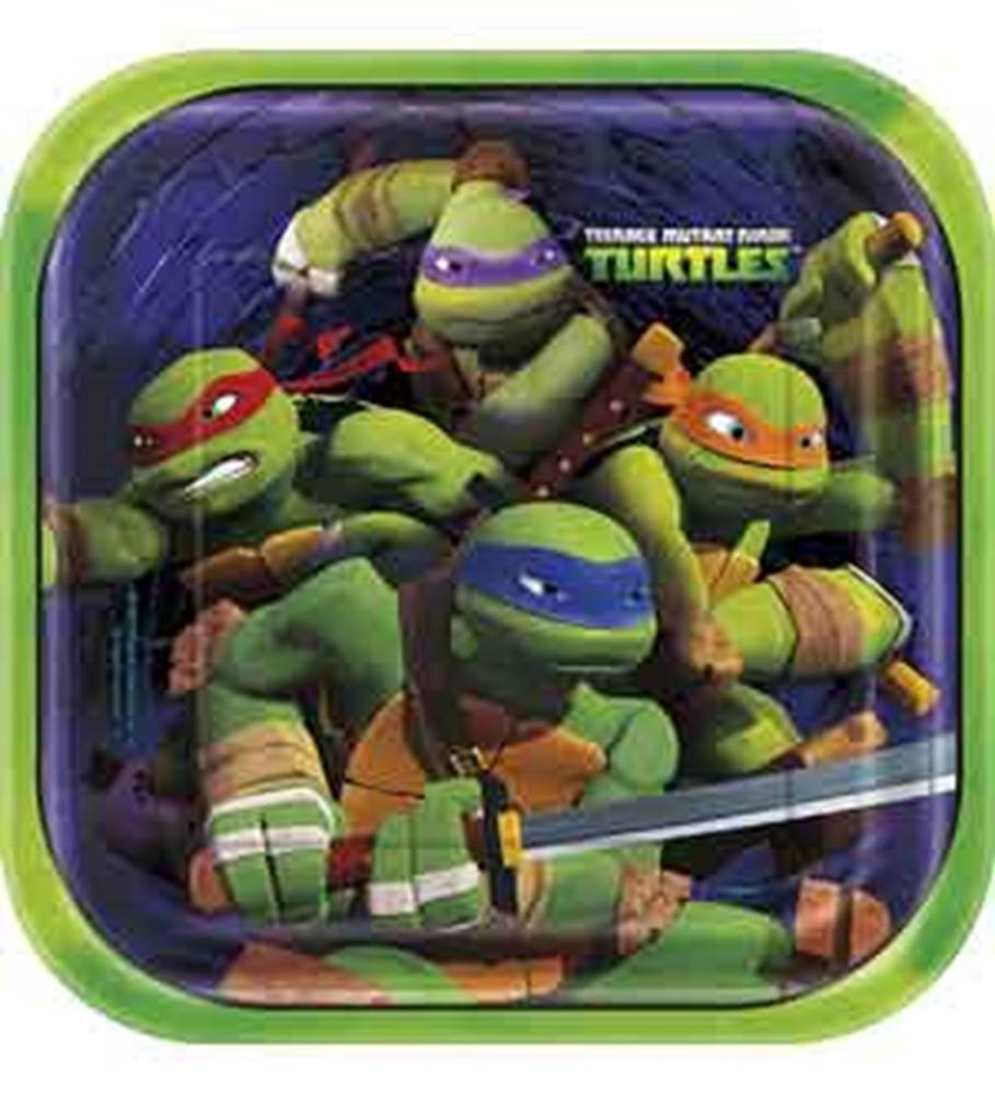 Square paper plates with green rim featuring colorful Teenage Mutant Ninja Turtles characters in action pose.