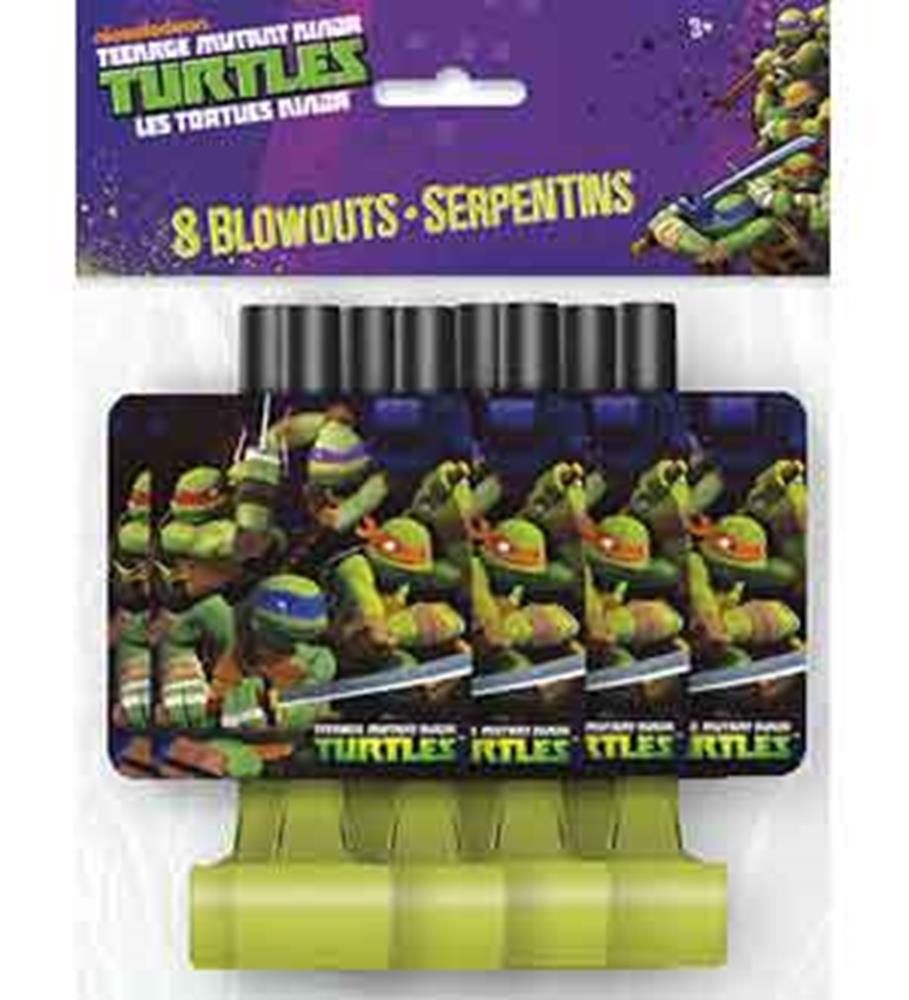 Pack of 8 Teenage Mutant Ninja Turtles blowouts with colorful cartoon turtle designs and green plastic mouthpieces.