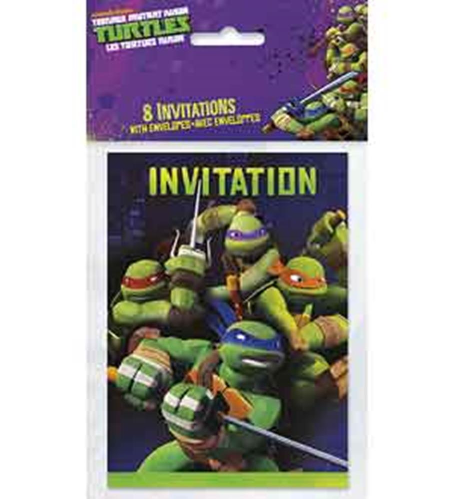 Pack of 8 Teenage Mutant Ninja Turtles birthday invitations featuring four turtles in action poses on a dark purple.