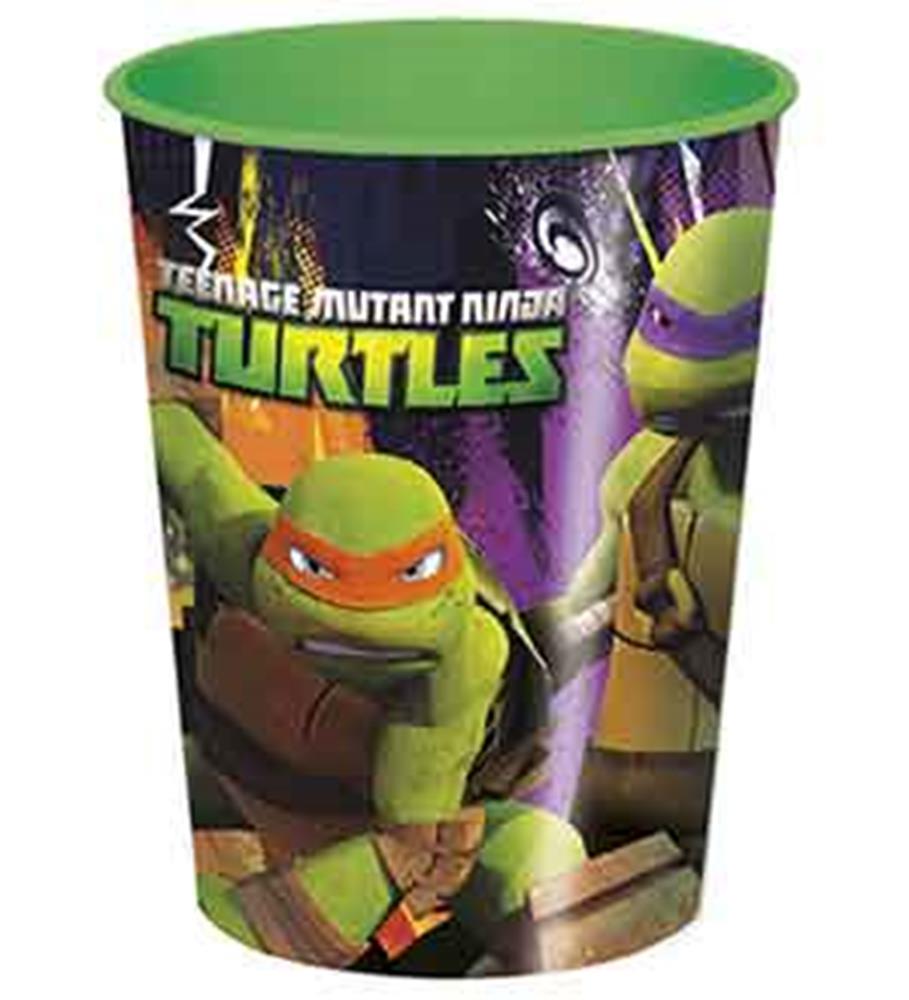 16oz plastic cup with Teenage Mutant Ninja Turtles design featuring Michelangelo and Donatello on a purple background with.