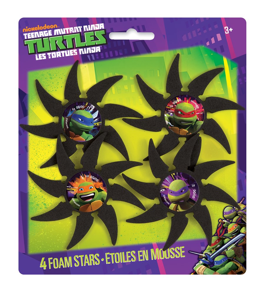 Set of four black foam ninja stars featuring Teenage Mutant Ninja Turtles character faces in green, red, orange, and purple.