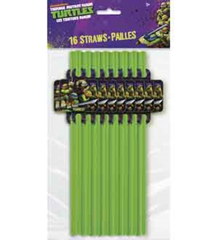 Set of 16 bright green plastic drinking straws with Teenage Mutant Ninja Turtles character wrap near the top.