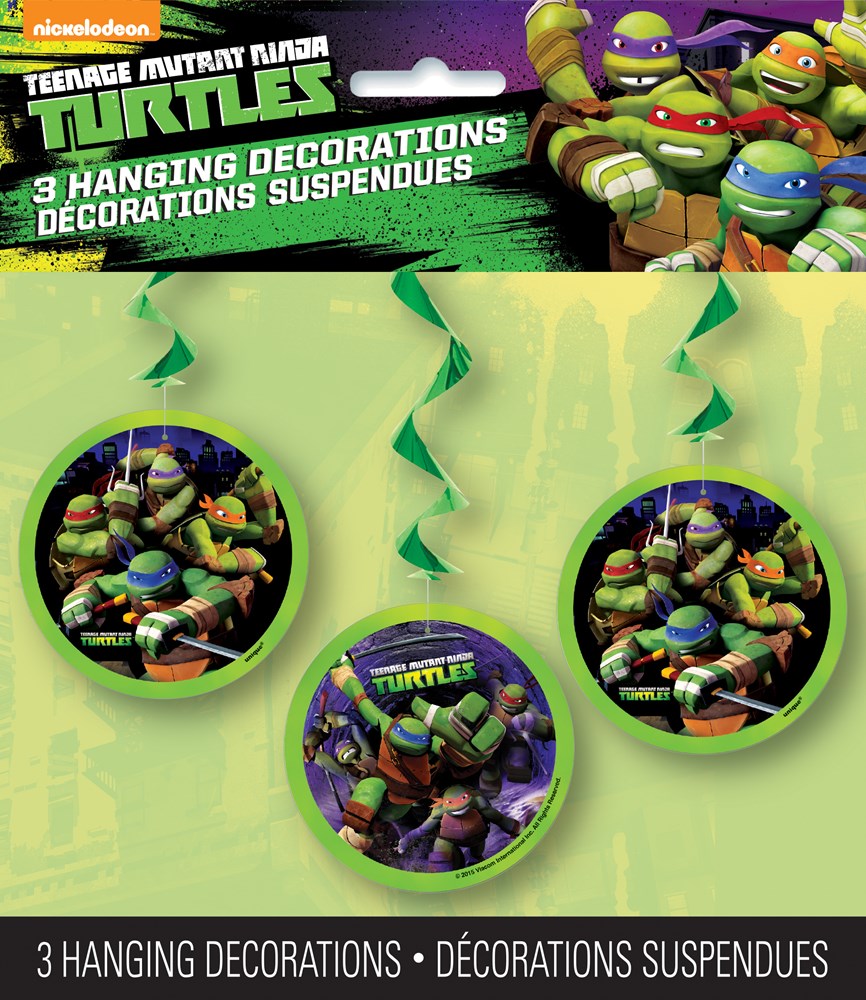 Three green swirl hanging decorations featuring Teenage Mutant Ninja Turtles characters in circular designs.