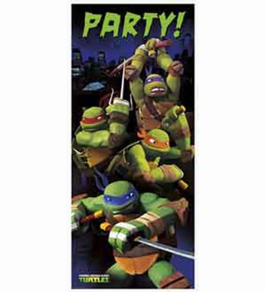 Vertical door poster featuring Teenage Mutant Ninja Turtles in action poses with "PARTY!" text in green on a dark cityscape.