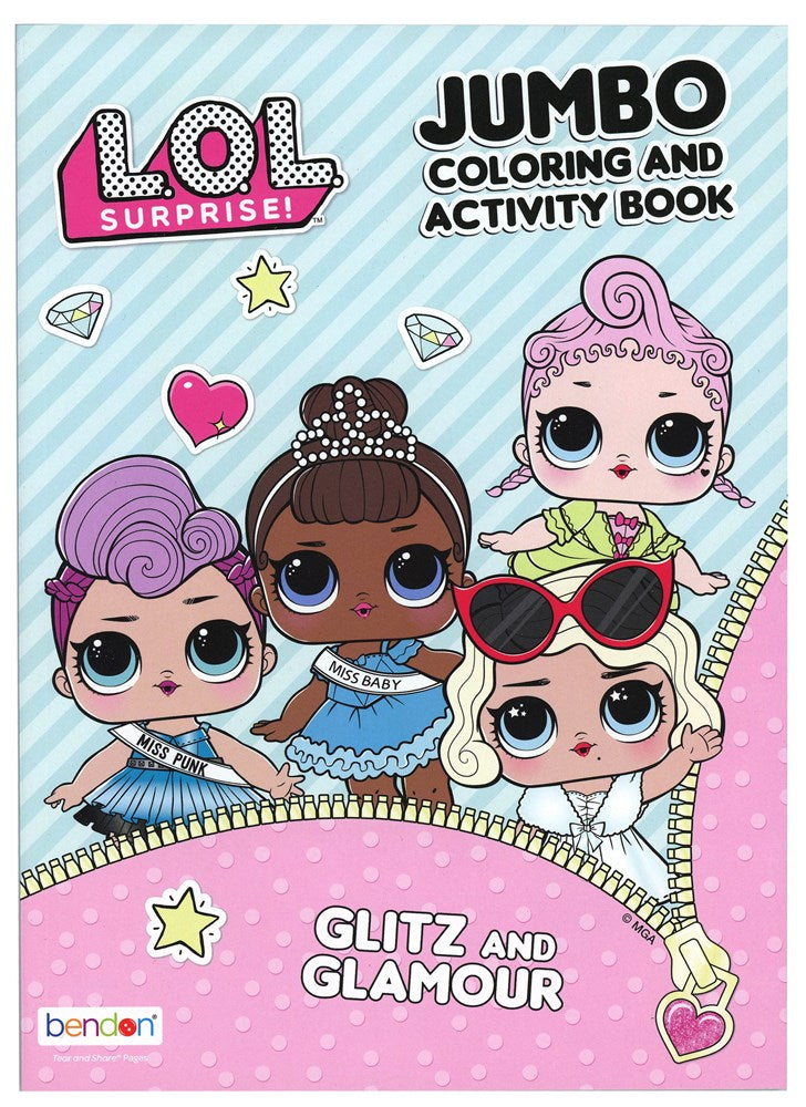 LOL Surprise jumbo coloring and activity book with cartoon girls in vibrant costumes on blue striped background.