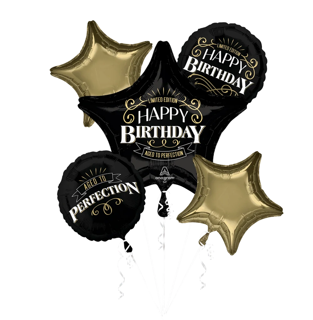 Five foil balloons in black and gold, including stars and round shapes with "Happy Birthday" and "Aged to Perfection" text.
