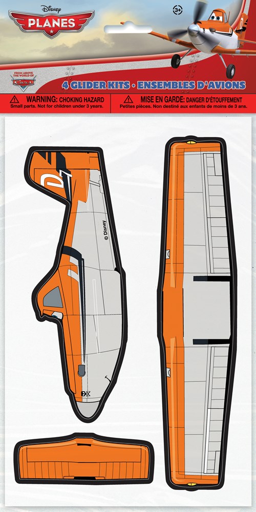 Four orange, black, and white foam gliders shaped like planes, featuring Disney Planes graphics, in retail packaging.
