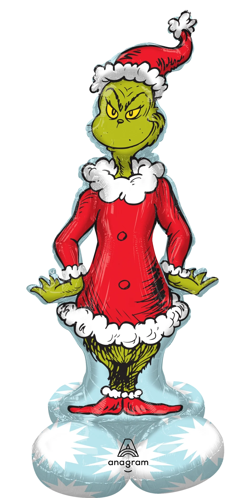 Grinch foil balloon wearing red Santa dress and hat with white fur trim, standing on snowy base.