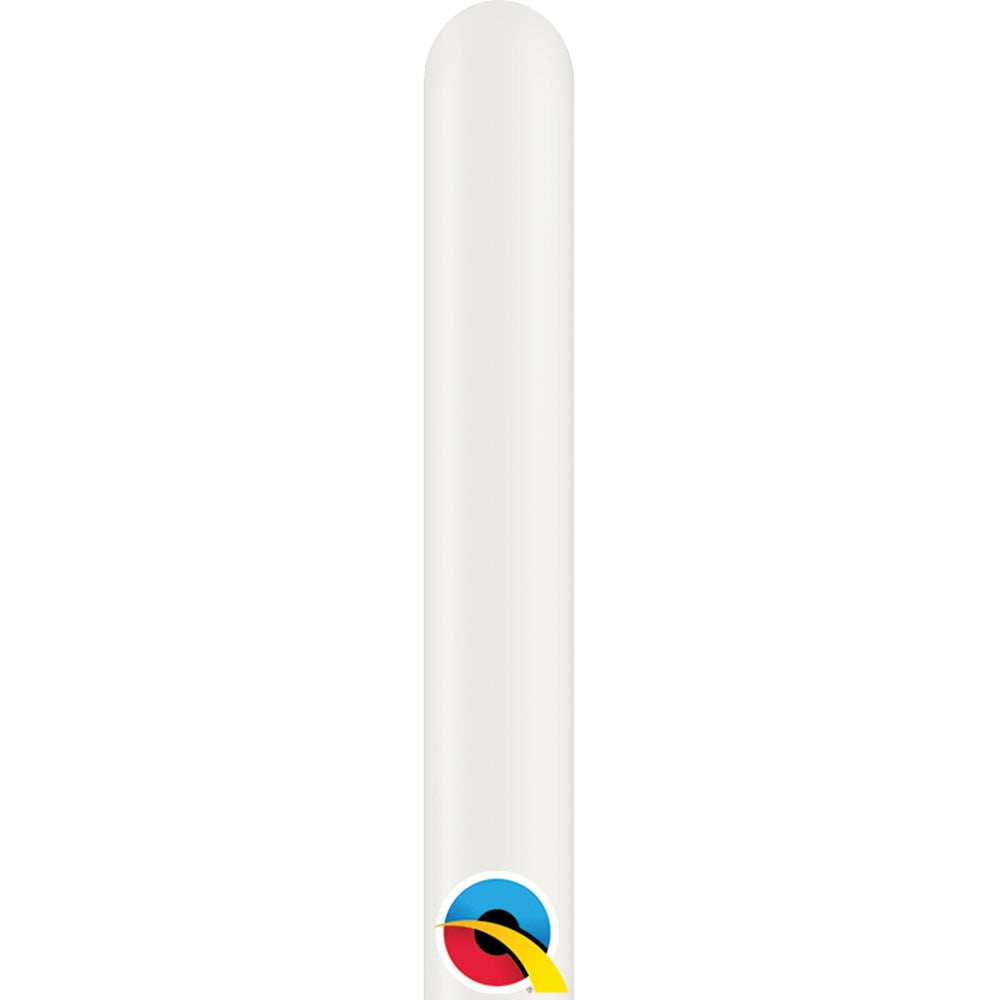 Pearl white, long and narrow 160Q latex balloon with smooth, glossy finish and Qualatex logo near the base.