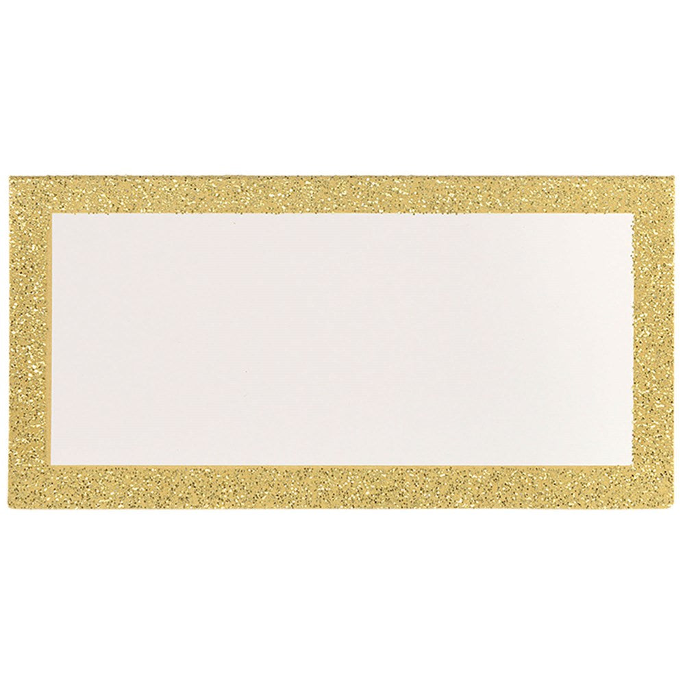Rectangular white place card with a sparkling gold glitter border.