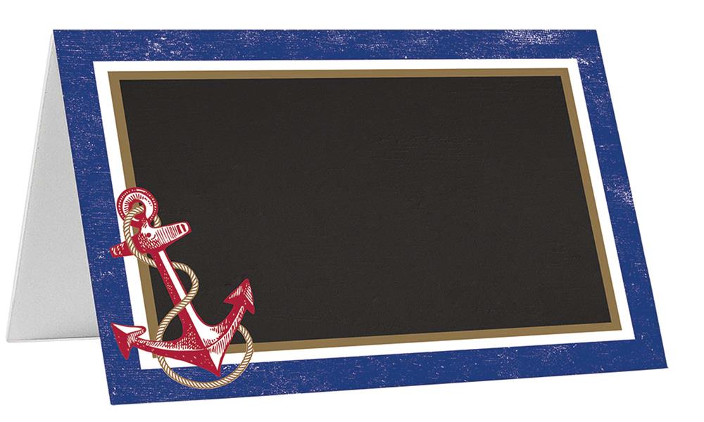 Nautical-themed navy blue tent card with gold trim and red anchor decoration at bottom left.