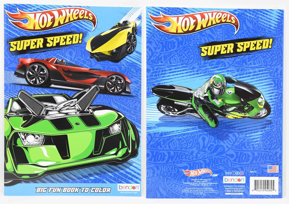 Hot Wheels 80-page coloring book with bright blue cover featuring green and red race cars and "Super Speed!" text.