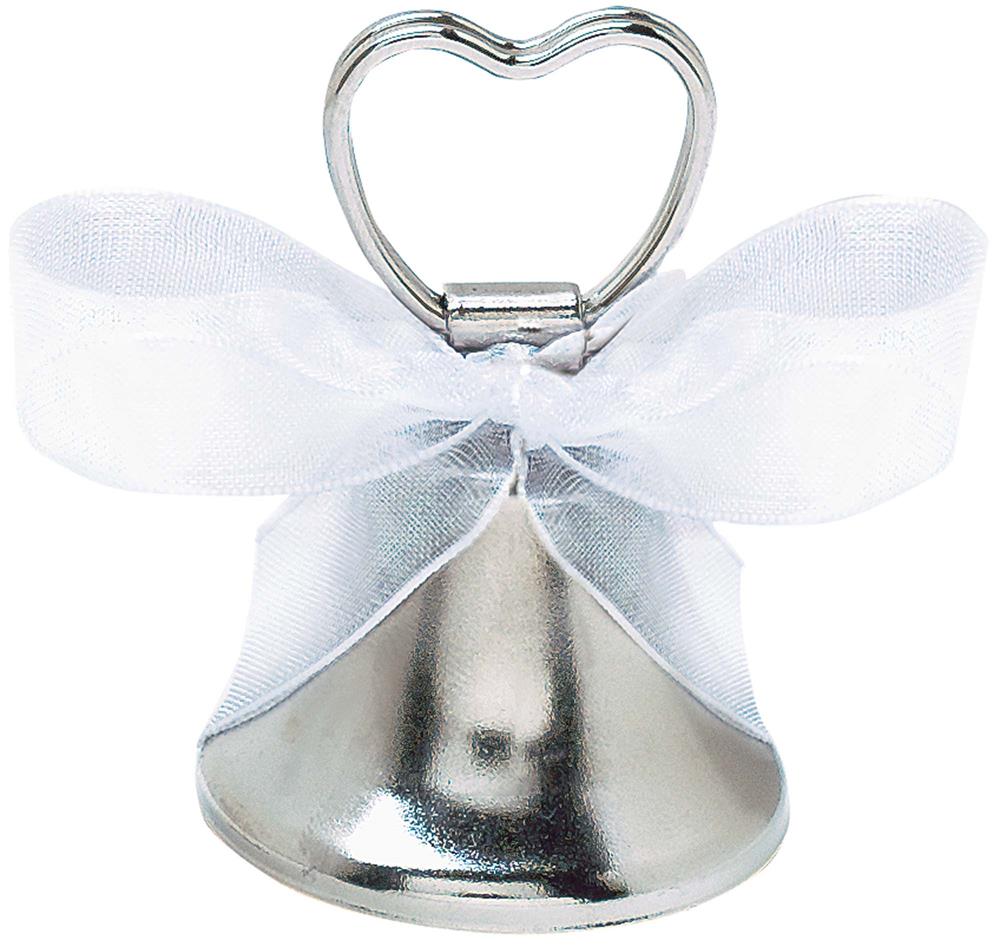 Silver bell place card holder with a white organza bow and heart-shaped wire clip.