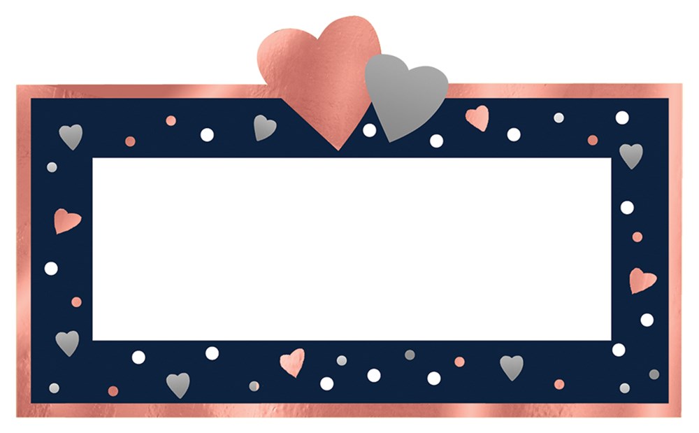 Rectangular navy place card with pink and silver hearts and dots, topped with large pink and silver heart cutouts.