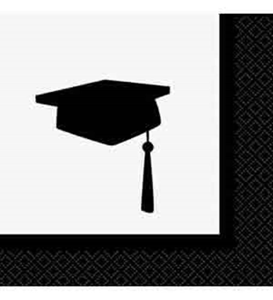 White square napkin with black graduation cap graphic and patterned black border.