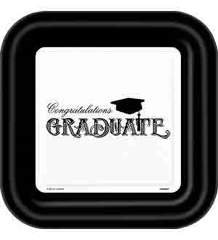 Black square paper plate with white center featuring "Congratulations Graduate" text and a black graduation cap icon.