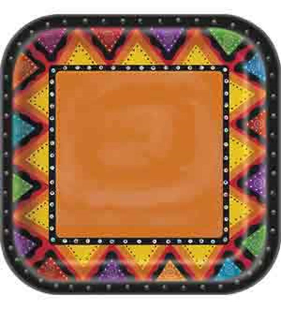 Square paper plate with bright orange center and colorful zigzag border in black, yellow, purple, red, and green.
