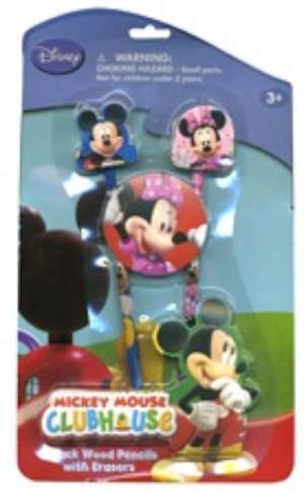 Set of three Mickey Mouse-themed pencils with matching pink erasers, vibrant Disney packaging.