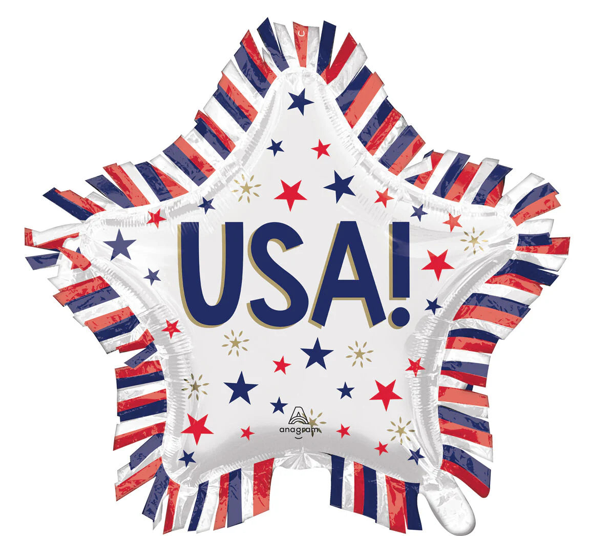 Star-shaped foil balloon with USA! in blue, red and blue stars, and red, white, and blue striped fringe.