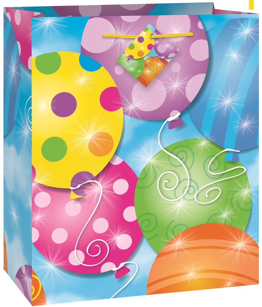 Colorful medium gift bag with glossy balloons in yellow, purple, green, pink, blue, and orange on a blue background.