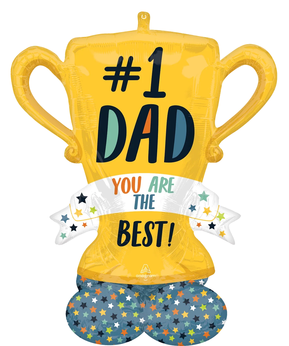 Gold foil balloon shaped like a trophy with "#1 Dad" in bold letters and "You are the best!" banner below with colorful.