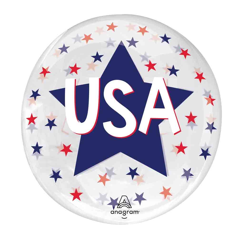 16-inch clear round foil balloon with a large blue star and "USA" in white letters, surrounded by small red, white, and blue