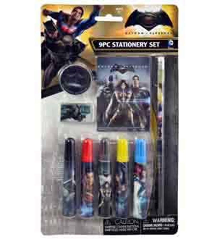 Batman vs Superman 9-piece stationery set with themed pens, pencil, eraser, sharpener, and ruler.