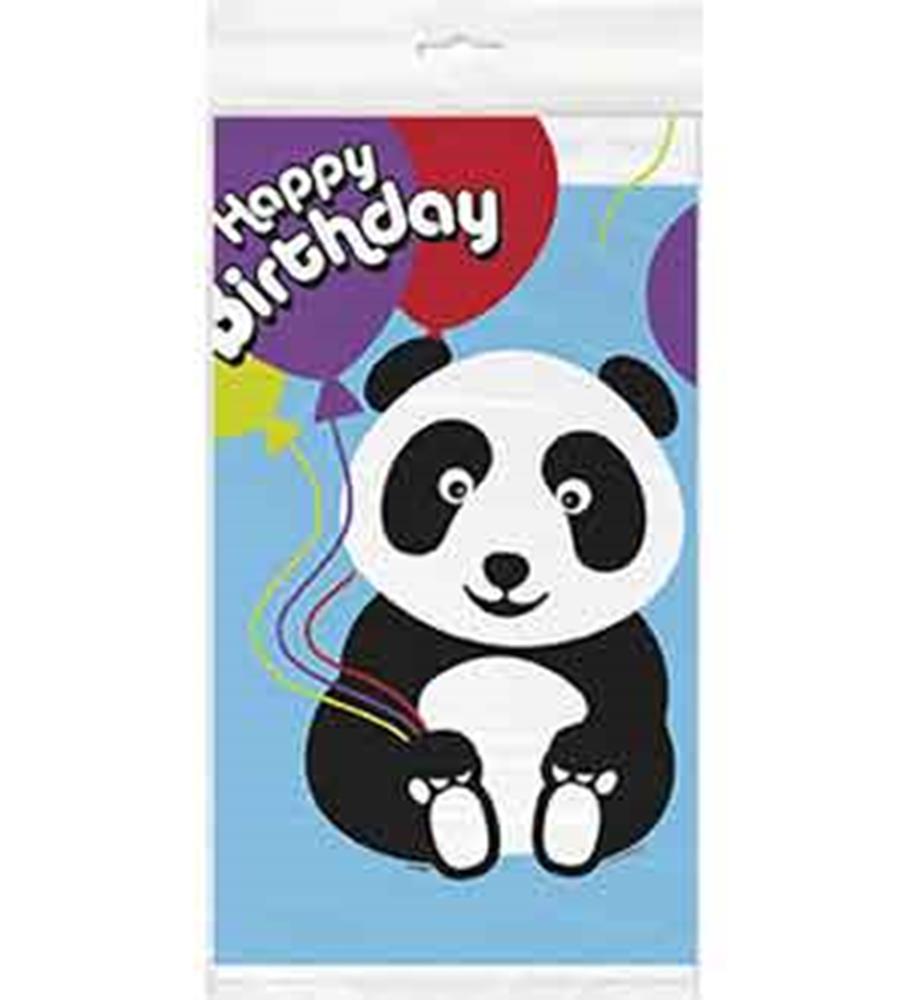 Blue birthday tablecover featuring a cute sitting panda holding colorful balloons with "Happy Birthday" text.