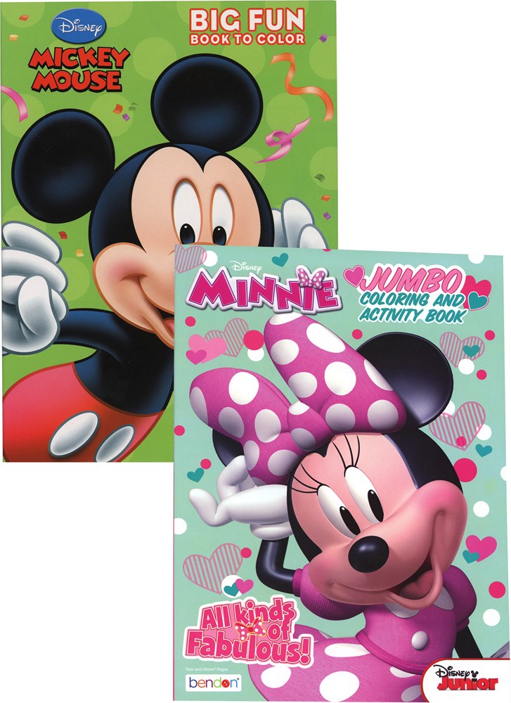 Mickey Mouse coloring book with bold colors and big face on green background, Minnie Mouse coloring and activity book with.